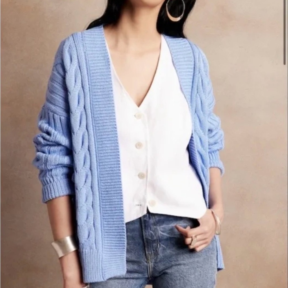 Banana Republic Blue Chunky Cable Knit Women's Cardigan Sweater Small Petite - Picture 1 of 8